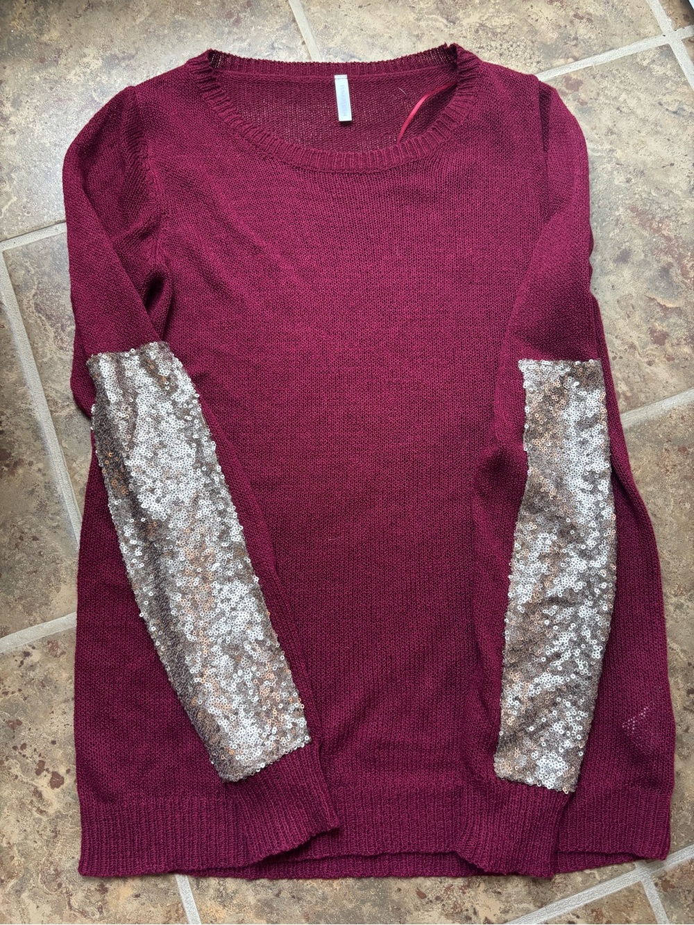 Pinkblush Burgundy Sweater with Gold Sequin Elbow Patches